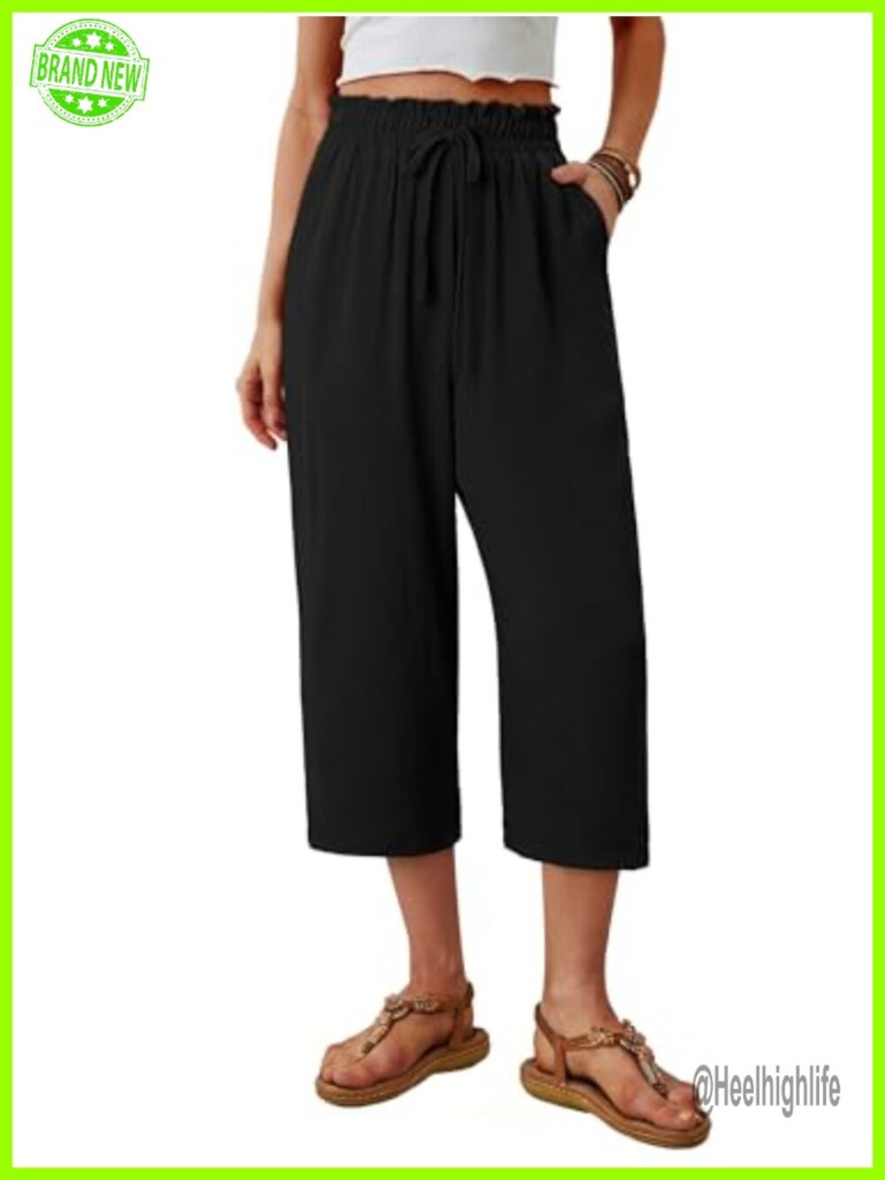Wide Leg Capri Pants Paper Bag High Waisted Flowy Cropped Palazzo with Pockets